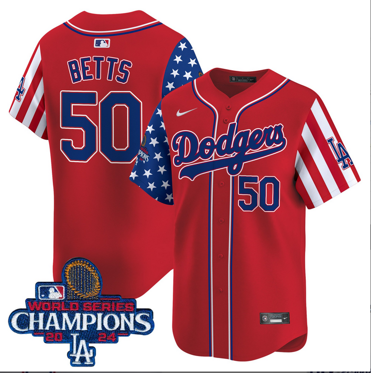 Men MLB Los Angeles Dodgers 50 Betts American Style red 2024 World Series Champions Limited Jersey